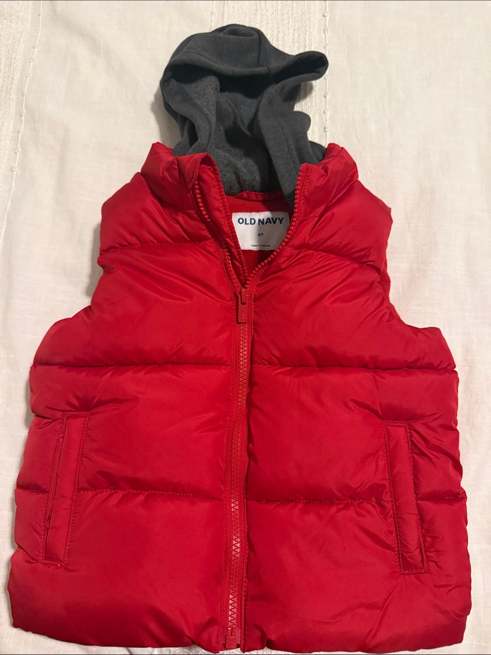 Old Navy Bright Red Quilted Puffer Vest with Gray Hood 4T, unisex